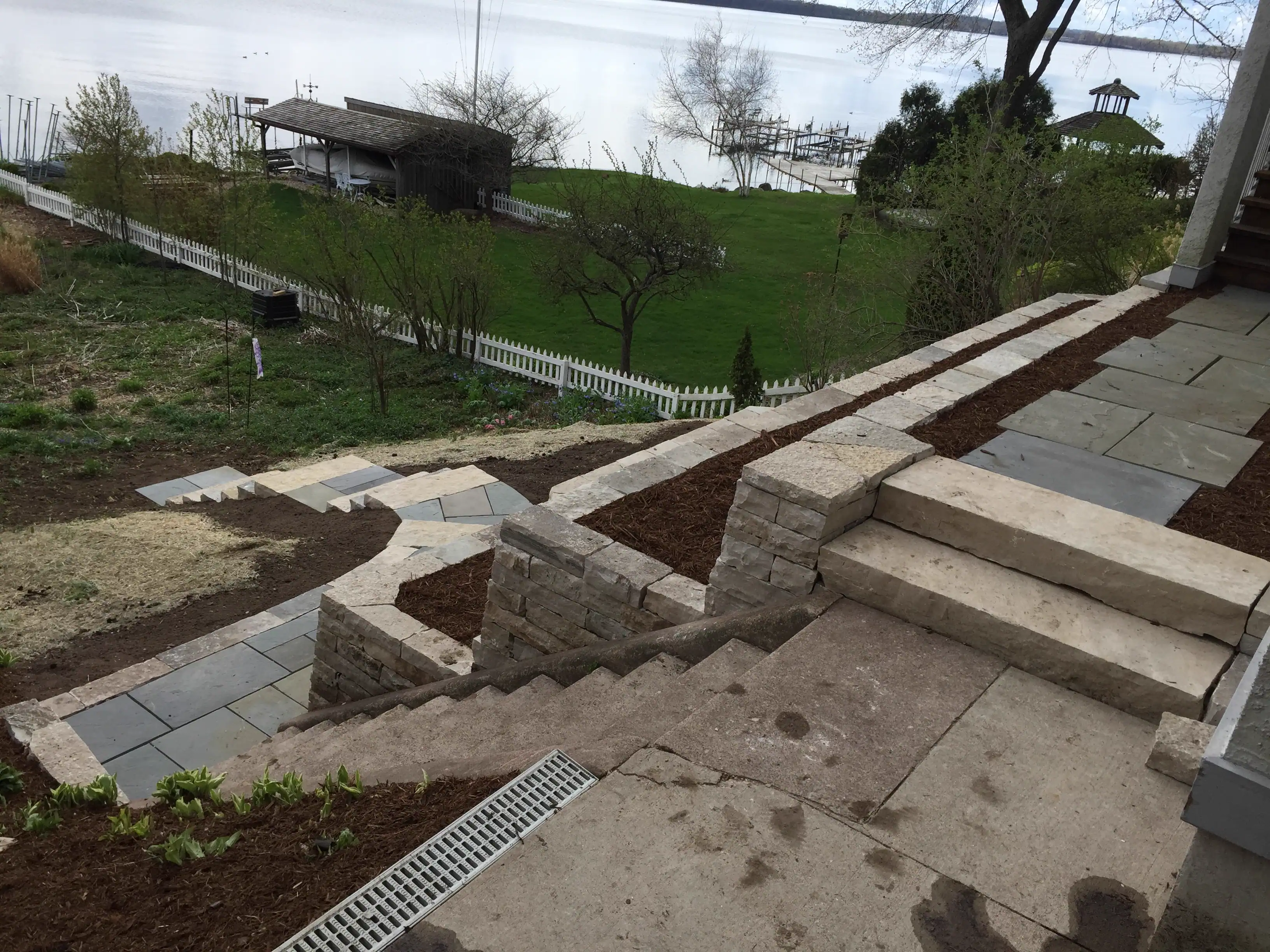 Drystone retaining wall and steps overlooking the lake