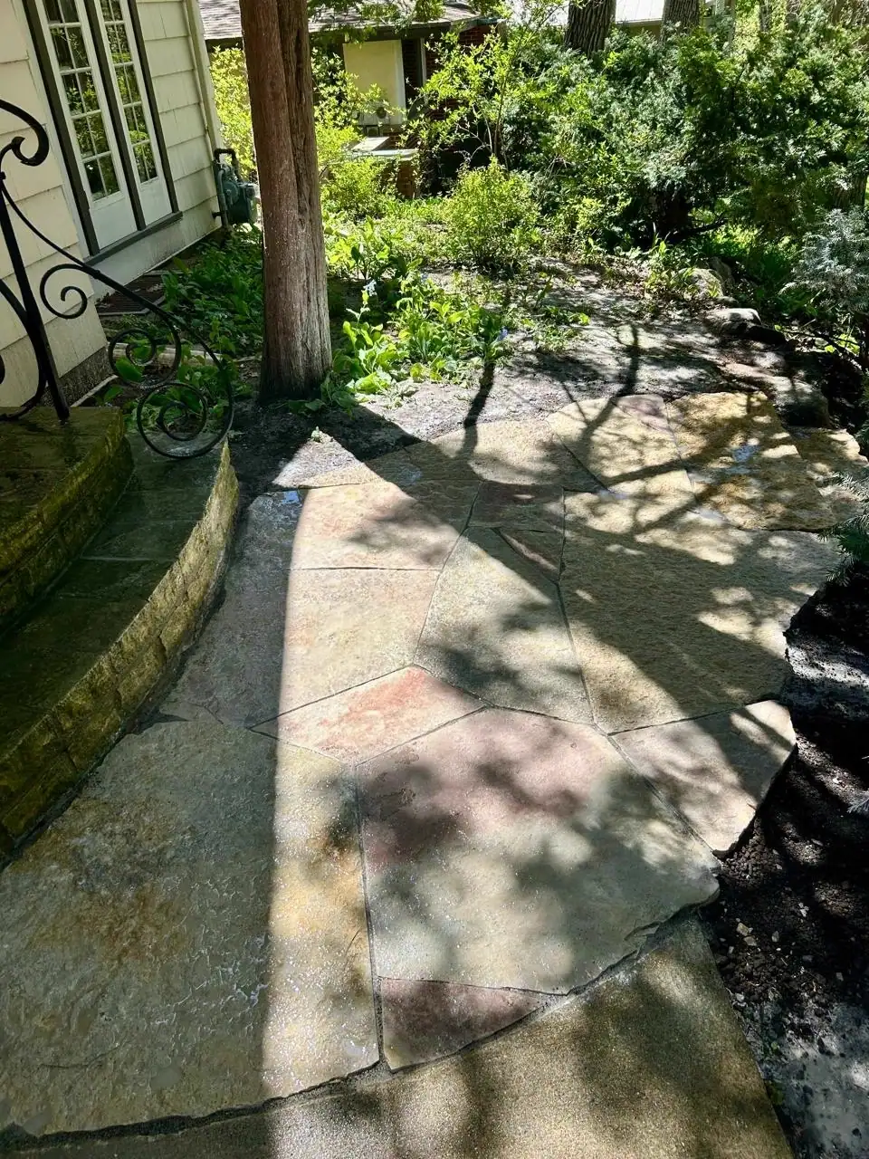 Shaded flagstone walkway alongside a home